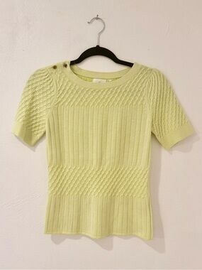 ANTHROPOLOGIE HWR Monogram Knit Sweater Green Yellow | Button Shoulder | Small